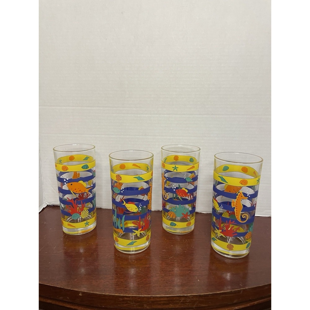 Vintage Tropical Fish Beach HighBall Barware Bar Cocktail Drinking Glasses Italy